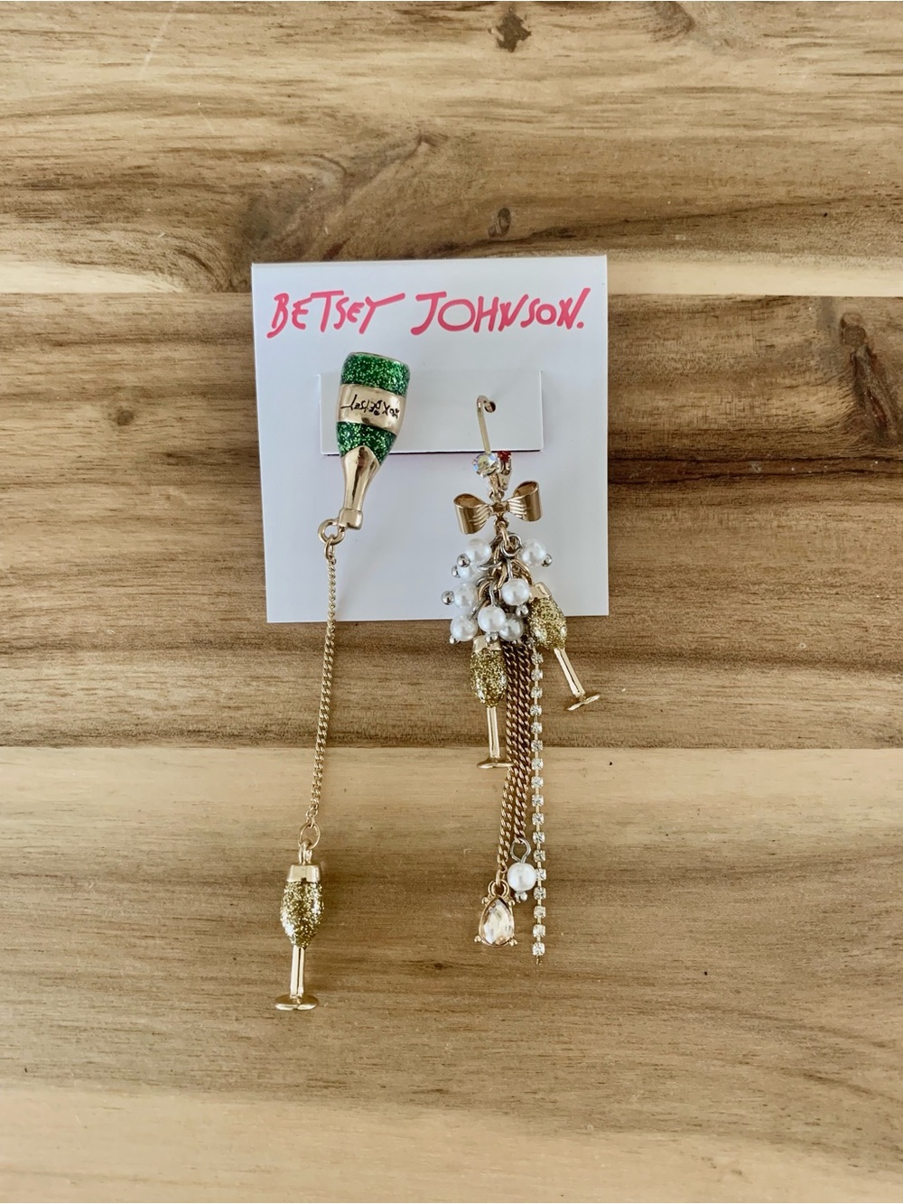 Betsey Johnson champagne bottle with fringe earrings NWT